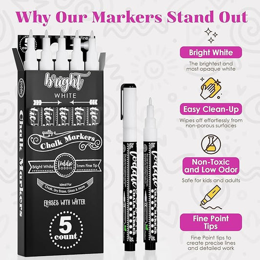Loddie Doddie Liquid Chalk Markers for Chalkboard - 5 Pack, 1 mm Point, White - Erasable & Low-Odor Non-Toxic Ink - Chalk Pen & Window Markers for Glass