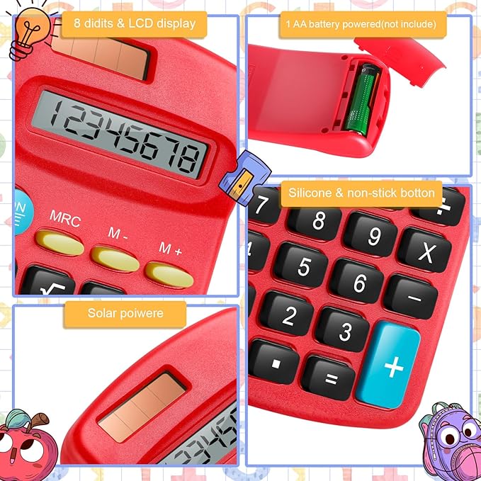 12 Packs Pocket Size Mini Calculator Basic Calculators for Handheld Angled Students 8 Digit Display Solar Battery Dual Power Small Calculator for Students Kids Home Office (12 Colors)