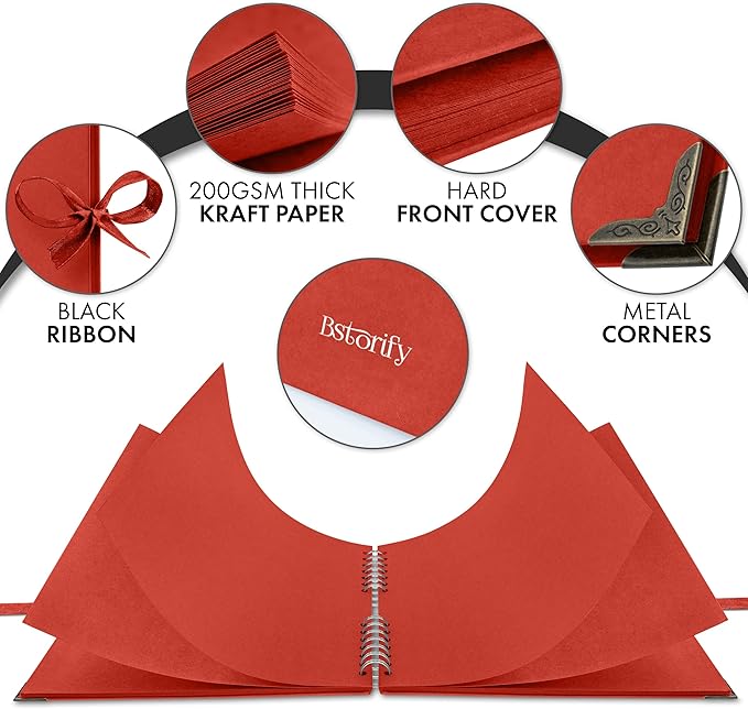 Bstorify 10 x 10 Inches Scrapbook Album 70 Pages Red Thick Kraft Paper Corner Protectors, Ribbon Closure - Ideal for Your Scrapbooking, Art & Craft Projects (Red, 10 x 10 Inch)