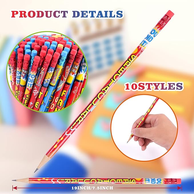 Kolewo4ever Inspirational Pencils, 100 Pieces with 10 Different Designs, Words of Encouragement, Smooth Graphite, Colorful Eraser, Suitable for School, Home, Office