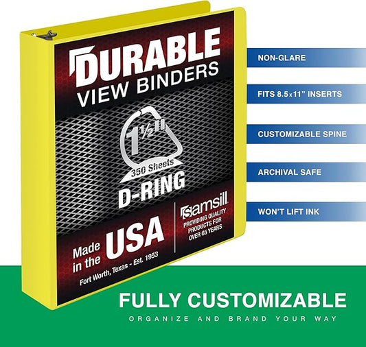 Samsill Durable 1.5 Inch Binder, Made in The USA, D Ring Binder, Customizable Clear View Cover, Lemon Yellow, Holds 350 Pages