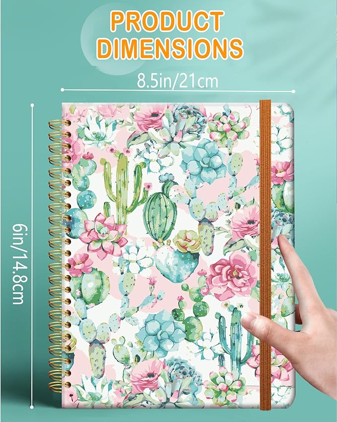 Ruled Spiral Writing Notebook,A5 Hardcover Lined College Journal for Women Lady Girl,Strong Twin-Wire Binding with Premium Paper,8.4" X 6",Perfect for School,Office,Home Gifts(pink cactus