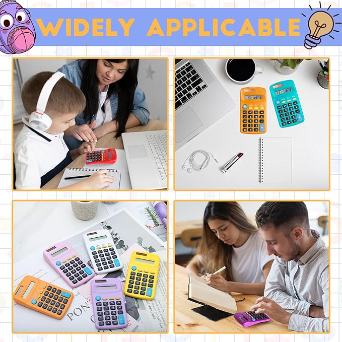 24 Packs Pocket Size Mini Calculator Basic Calculators for Handheld Angled Students 8 Digit Display Solar Battery Dual Power Small Calculator for Students Kids Home Office (12 Colors)