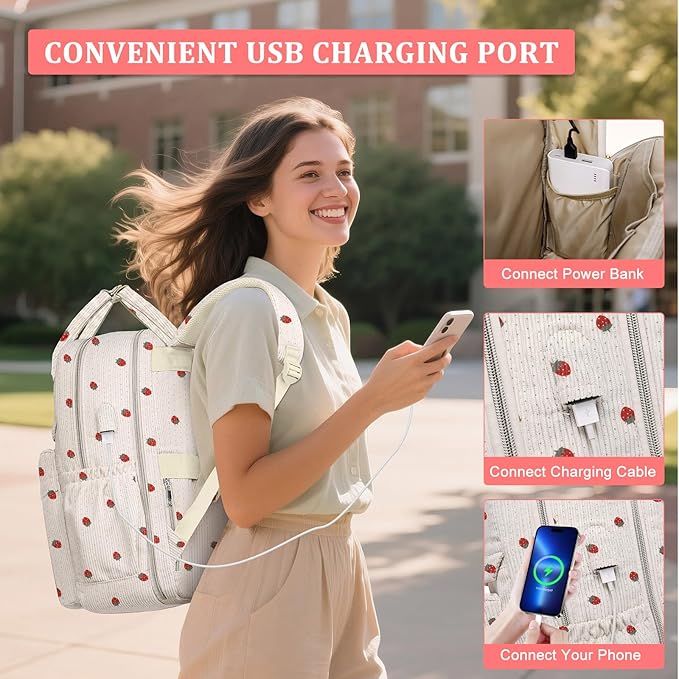 School Backpack for Girls Laptop Bookbag: Casual Corduroy Women Backpacks with USB Charging Port TSA Friendly Travel Back Pack with Anti-Theft Pockets Cute College Daypack for Teen Students Strawberry