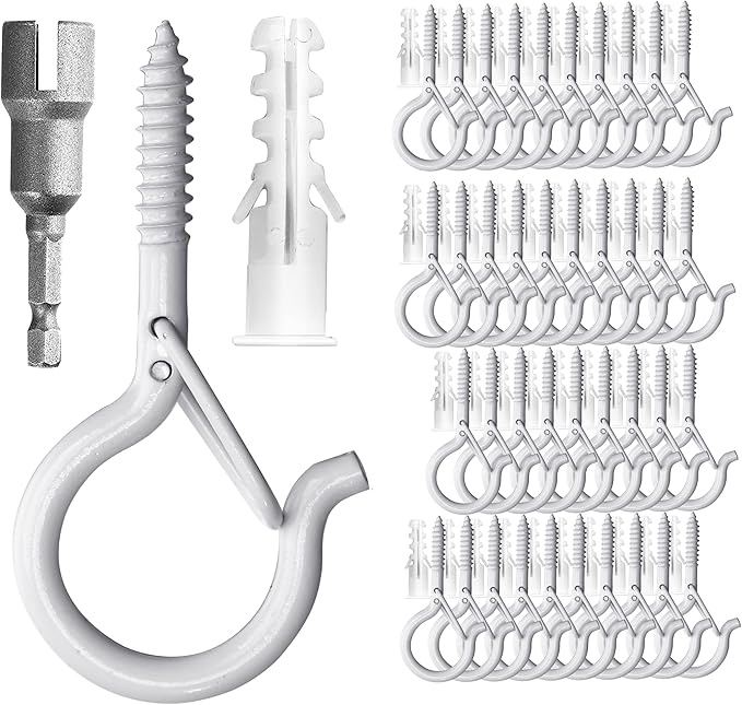 PlusRoc 40 Pack Outdoor Hooks for Hanging Plants Planters String Lights Screw in, 2.2 Inch White Cup Hooks Eye Hook Q-Hanger, with Wing Nut Driver, Wall and Ceiling Fence Deck Mount