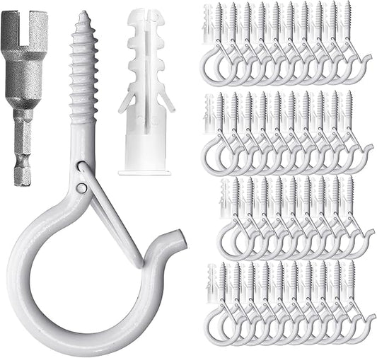 PlusRoc 40 Pack Outdoor Hooks for Hanging Plants Planters String Lights Screw in, 2.2 Inch White Cup Hooks Eye Hook Q-Hanger, with Wing Nut Driver, Wall and Ceiling Fence Deck Mount