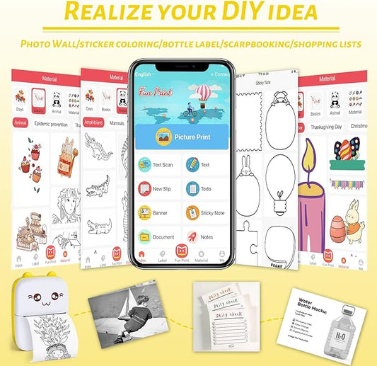 Mini Pocket Printer, Gifts for kids, Portable Thermal Printer for Pictures/Retro Photos/Receipts/Notes/Lists/Label/ Memo/QR Codes, Bluetooth Wireless Smart Printer with Android or iOS APP (Yellow)