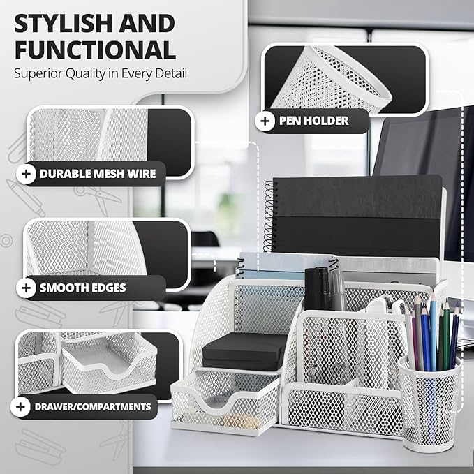 Flexzion Desk Caddy Organizer Set (White) - Metal Mesh Desktop Caddy with Drawers, 6 Compartments, and Pencil Holder for Women & Men - Desktop Organizer and Storage for Work or Office Supplies