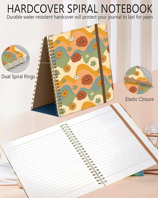 Spiral Journal Notebook, A5 Cute Notebooks for Women Men, College Ruled Hardcover Notebook for Work & Note Taking, 60 Pages Double-Wire Journals for Writing, Retro Boho Flowers