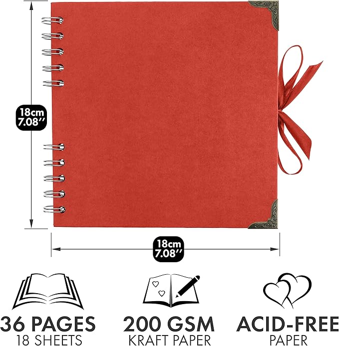 Bstorify Square Scrapbook Photo Albums 7 x 7 Inch Red Thick Paper, Hardcover, Metal Corners, Ribbon Closure - Ideal for Your Scrapbooking Albums, Art & Craft Projects