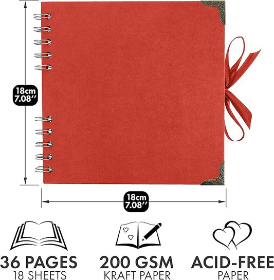 Bstorify Square Scrapbook Photo Albums 7 x 7 Inch Red Thick Paper, Hardcover, Metal Corners, Ribbon Closure - Ideal for Your Scrapbooking Albums, Art & Craft Projects