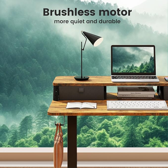Small Standing Desk With Drawers and Brushless Motor,Electric Sit Stand Desk for Walking Pad,Ergonomic Stand Up Desk for Home Office & Gaming,3 Memory Height Preset & Hooks(35" x 20", Rustic Brown）