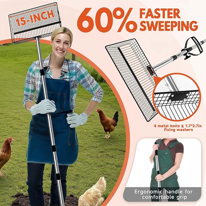 15inch Large Chicken Poop Scooper, 2 Slot Widths (0.16"&0.28"), 39" to 76" Adjustable Stainless Steel Handle, Sifting Litter Shovel for Chicken Coop/Stables/Farm Cleaning (with Effortless Grip)