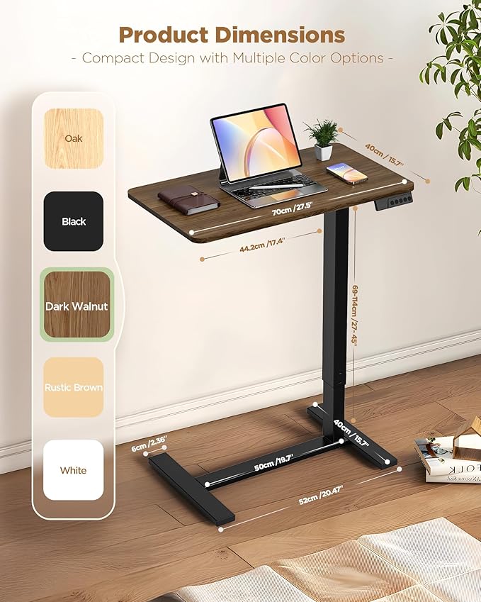 Electric Adjustable Height Standing Desk - Small Sit Stand Portable Rolling Laptop Table with Hidden Wheels, Small Computer Workstation for Bedside & Home Office Use (28"x16",Dark Walnut)