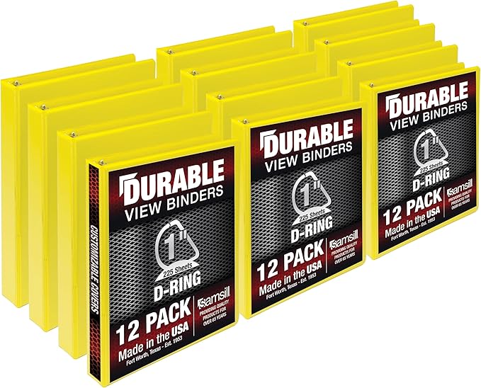 Samsill Durable 1 inch 3 Ring Binder, Made in USA, D Ring Binder, FSC 100% Recycled Chipboard, Yellow, 12 Pack