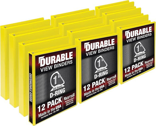 Samsill Durable 1 inch 3 Ring Binder, Made in USA, D Ring Binder, FSC 100% Recycled Chipboard, Yellow, 12 Pack