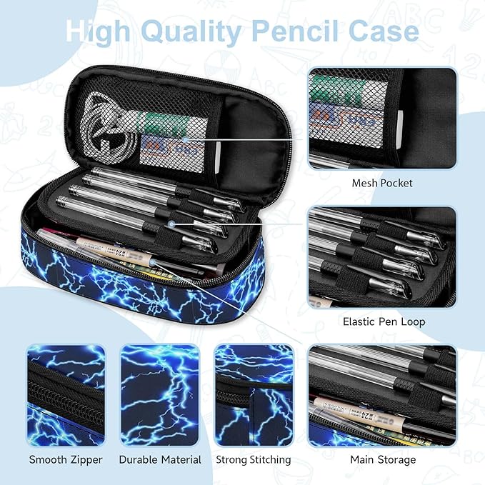 Lightning Large Pencil Case Big Capacity Blue Pencil Pouch for Boys Girls Teen Women Men Adult, Portable Kids Pencil Bag with Zipper, Stationery Storage Pen Bag for School Supplies Office Organizer
