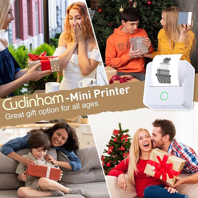 cudinham Print Pods Mini Printer, Thermal Inkless Sticker Maker with 3 Rolls Paper, Pocket Printpod for Phone, Impresora Portátil for Notes, Flashcards, Journal, DIY (Pure White)