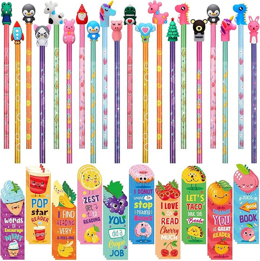 Teling 80 Pcs Scented Bookmarks and Smelly Pencils with Cute Toppers Set Fun Pencils Fruit Food Theme Scratch and Sniff Bookmarks Cartoon Pen Toppers for Kids Students Supplies(Cute Style)