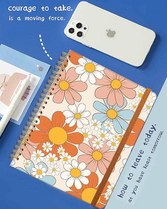 Ruled Spiral Writing Notebook,A5 Hardcover Lined College Journal for Women,Strong Twin-Wire Binding with Premium Paper,8.4" X 6",Perfect for School,Office,Home(Orange Pink Flowers)