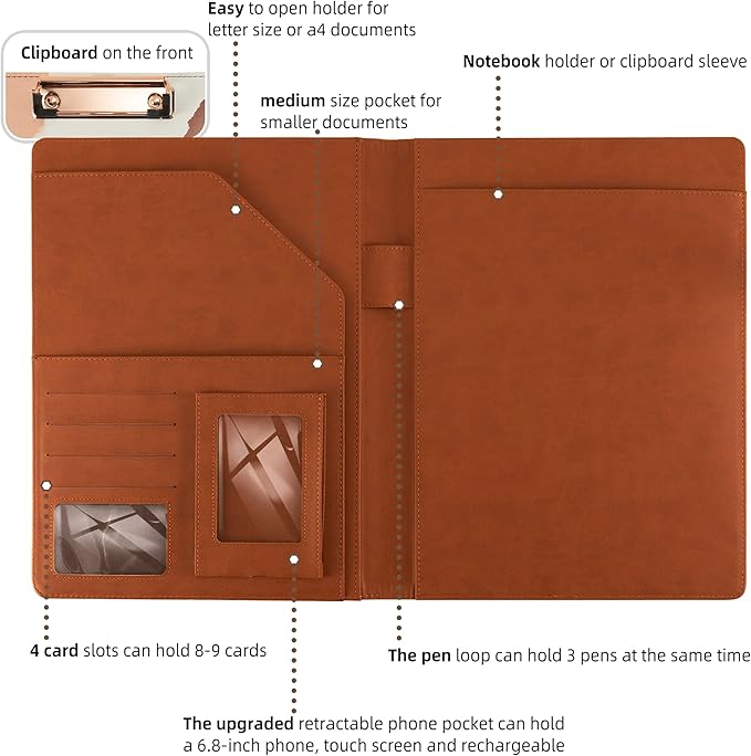 Clipboard Folio Folder Portfolio with Notepad-Pocket Business Card Holder Brown Faux PU Leather Portfolio