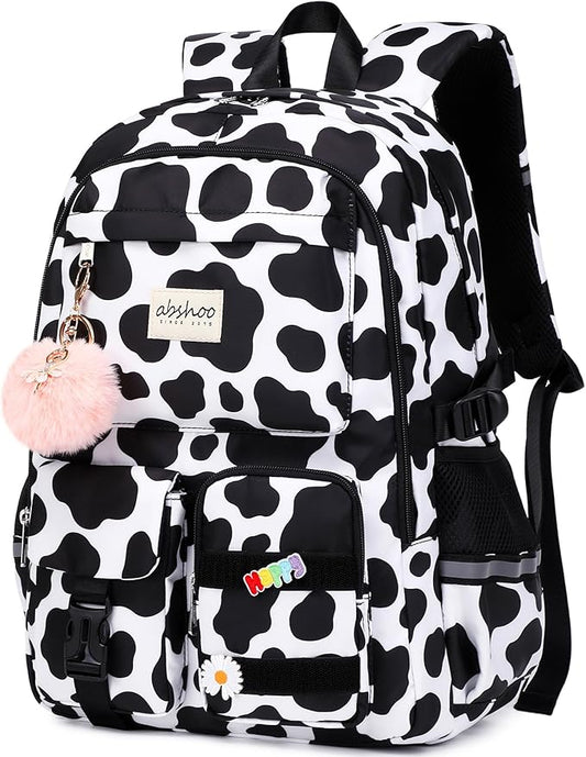 abshoo Big Student Laptop Backpack For College Women Middle High School Teen Girls Bookbag Travel Daypack (Cow Print Black)