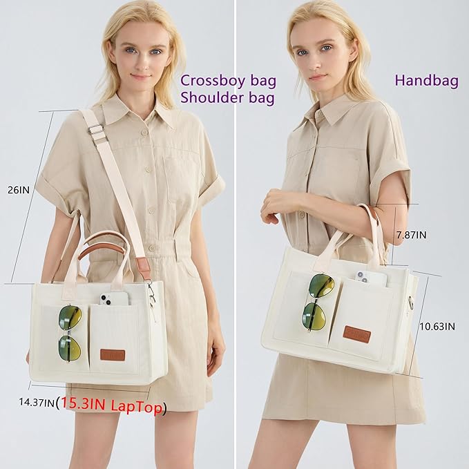 Tote Bag for Women With Compartments,Large Canvas Tote Women's Purse Crossbody Bags Work Laptop Book Bag Satchels Handbags
