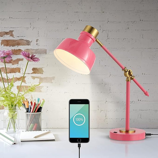 JONATHAN Y JYL7124D Allegra 18.5" Adjustable Cantilever LED Task Lamp, USB Charging Port, Classic, Coastal, Industrial, Farmhouse, Traditional for Bedroom, Living Room, Office, Pink/Brass Gold