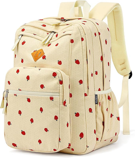 ZORFIN 26L Backpack for School, College, and Travel: Corduroy Bookbag with 8 Compartments - Strawberry