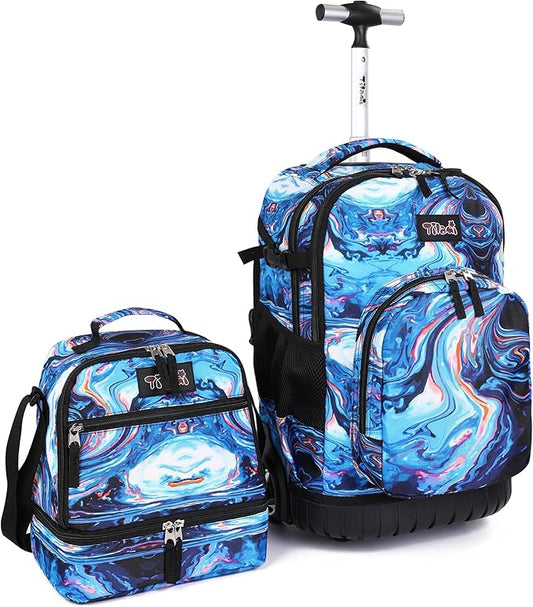 Tilami Rolling Backpack 19 inch with Lunchbox Wheeled Laptop Backpack, Painting Blue