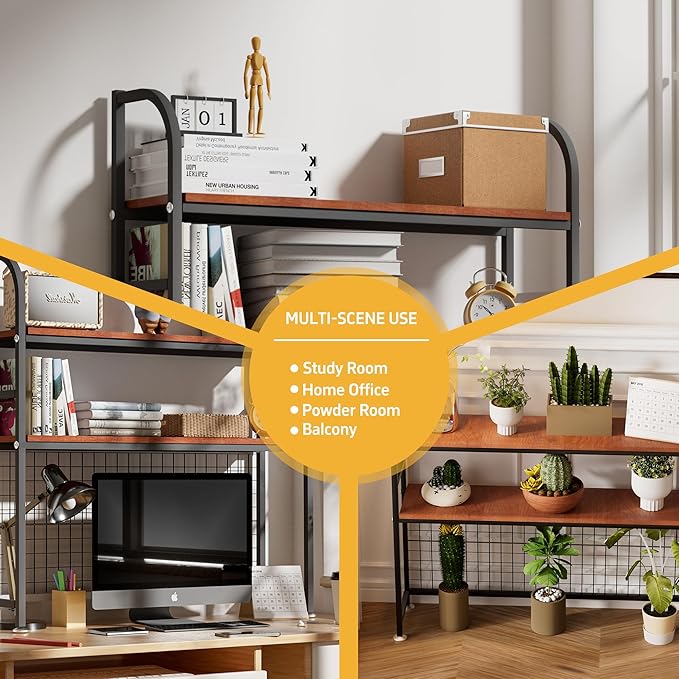 2-Tier Desktop Hutch Bookshelf - Metal Desk Shelf Bookcase with Grid Panel, Countertop Storage Organizer Rack for Dorm or Office, Black, 45.3" W