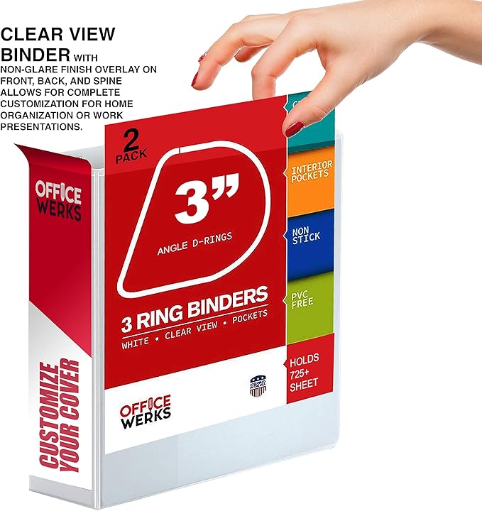 3 Ring Binder, 2 Pack of 3 Inch D Ring Binders, 8.5" x 11" Presentation Folder View Binder with Pockets, Durable Non-Stick Customizable Clear View Cover for Documents, Files, Projects (White)