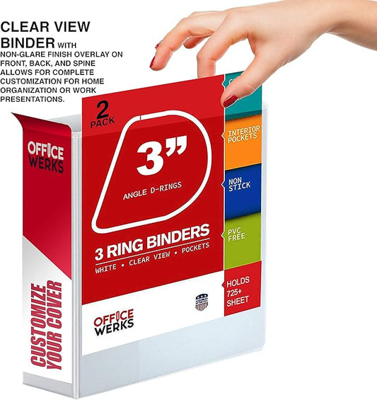 3 Ring Binder, 2 Pack of 3 Inch D Ring Binders, 8.5" x 11" Presentation Folder View Binder with Pockets, Durable Non-Stick Customizable Clear View Cover for Documents, Files, Projects (White)