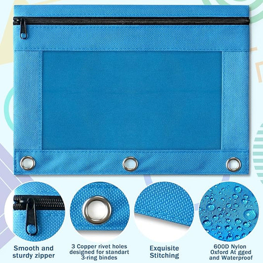 Pencil Pouch for 3 Ring Binder, 72 Pack Pencil Pouches with Zipper & Clear Window - 6 Assorted Color, Pencil Case Bulk for 3-Holes Binder, Multi-Purpose Storage Bag for Office, School Supplies (72)