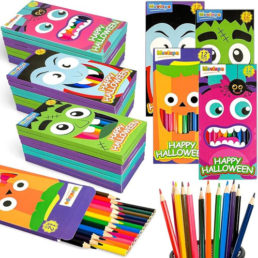 MOVINPE 288 Count Halloween Colored Pencils Bulk for Kids, 24-Box Pre‑Sharpened Colored Pencils 12 Vivid Colors Trick or Treating Party Favor Supplies Halloween Goody Bags, Classroom Gift Prize