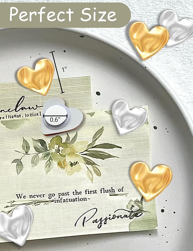 18PCS Gold Fridge Magnets Cute Love Heart Refrigerator Magnets, Silver Decorative Magnets for Whiteboard Cabinet Locker, Lovely Magnets for Classroom Kitchen Office