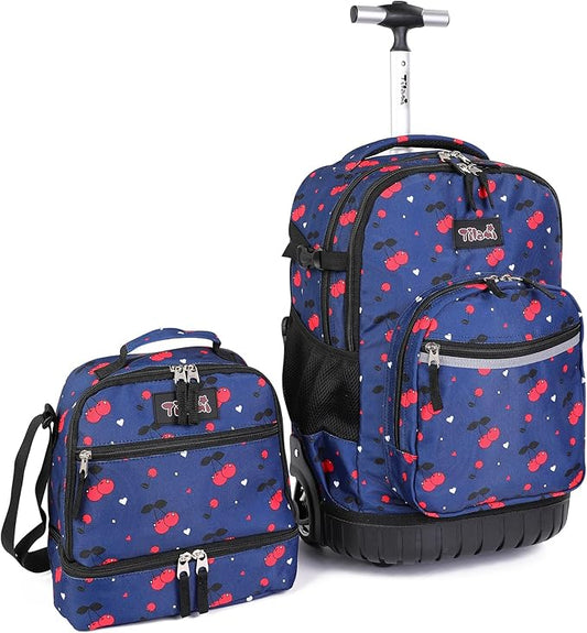 Tilami Rolling Backpack 19 inch with Lunchbox Wheeled Laptop Backpack, Cherry Blue