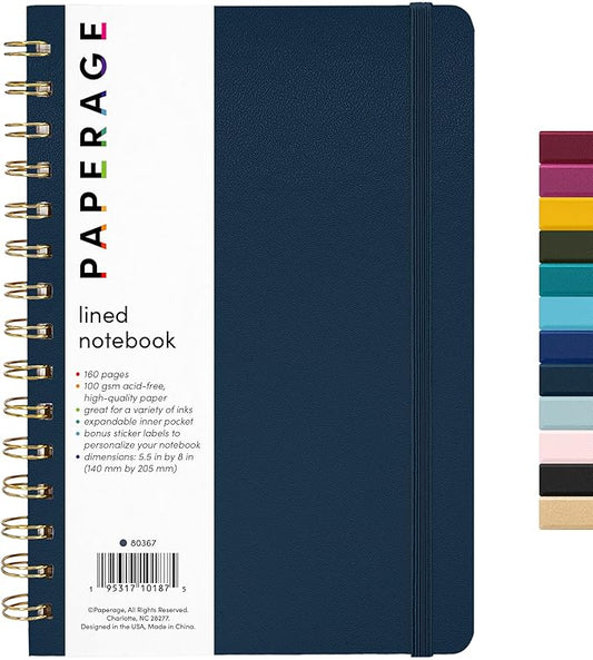 PAPERAGE Lined Spiral Journal Notebook, (Navy), 160 Pages, Hardcover Journal for Women & Men, Medium 5.5 in x 8 in - 100 GSM, Thick Paper, Spiral Notebook for Work, School & Journaling