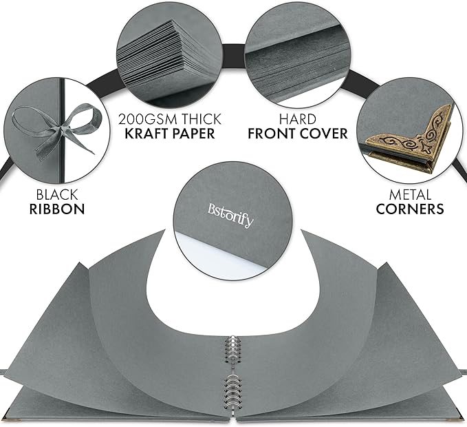 Bstorify Square Scrapbook Photo Albums 50 Pages (11 x 8.5 Inch) Grey Thick Paper, Hardcover, Ribbon Closure - Ideal for Your Scrapbooking Albums, Art & Craft Projects (Grey, 11 x 8.5 Inch)