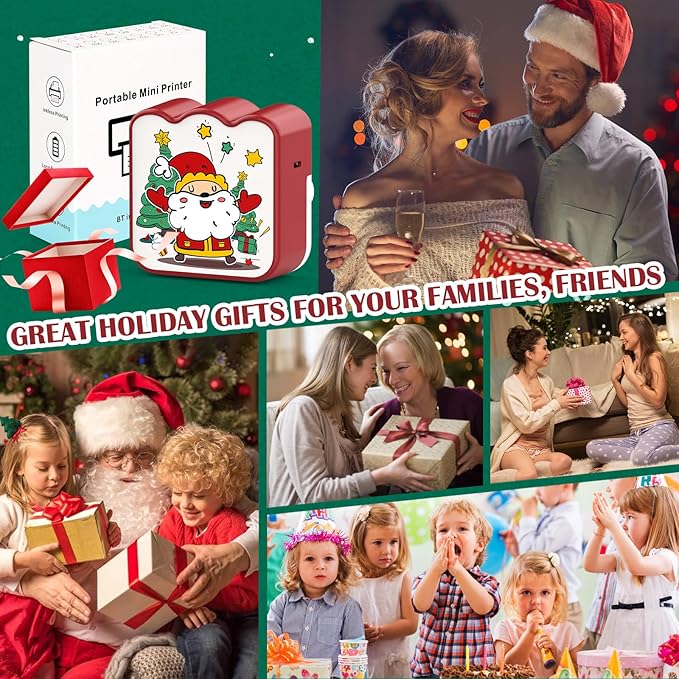 Christmas Mini Photo Printer - Portable Pocket Sticker Printers for iPhone Thermal Printer with 10 Rolls Thermal Paper for Photo, Memo, Journal - Red