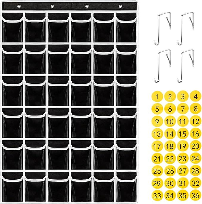 36 Clear Pockets Classroom Pocket Chart for Cell Phones,Pocket Chart Organizer for Calculator Holder with 36 Number Sticker Classroom Hanging Cell Phones Organizer (Black)