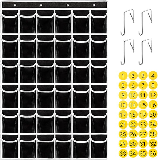 36 Clear Pockets Classroom Pocket Chart for Cell Phones,Pocket Chart Organizer for Calculator Holder with 36 Number Sticker Classroom Hanging Cell Phones Organizer (Black)