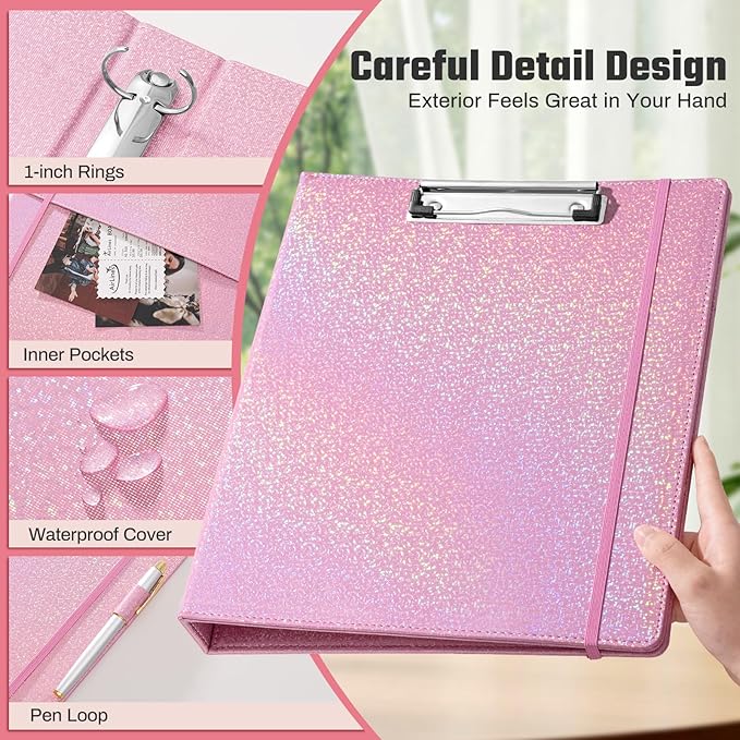 Hardcover 3 Ring Binder 1 Inch Leather Organizer for Letter Size Professional Clipboard with Dividers and Tabs for School and Office Supplies