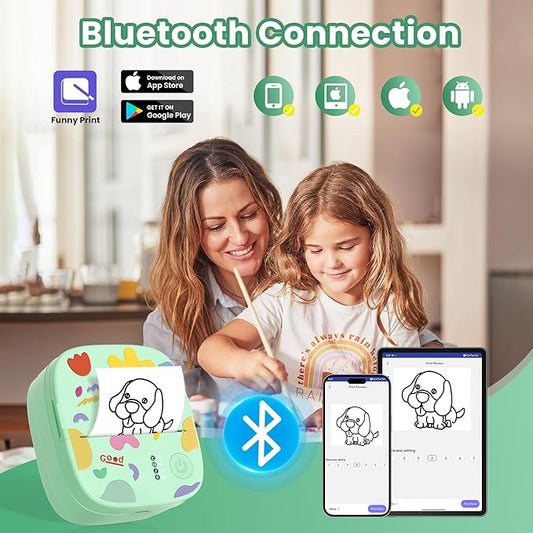 Mini Portable Sticker Printer, Mini Thermal Printer with 3 Rolls Paper, Bluetooth Inkless Printpods, Pocket Label Maker Suitable for Kids Creative DIY, Diaries, Photos, Study Notes-Green