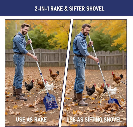 Chicken Poop Scooper & Rake 2-in-1 Chicken Coop Scoop 3-Shape Sifting Holes Chicken Coop Rake 39 to 68" Adjustable Stainless Steel Handle Litter Shovel for Chicken Coops & Small Farm Animals
