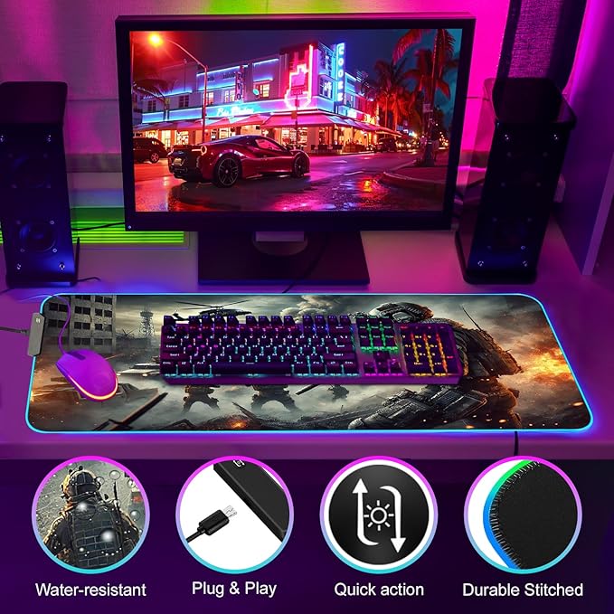 Gaming Mouse Pad - Desk Mat Gaming Mouse Pad , Medium Extra Large Extended Big Long Huge XL XXL and XXXL RGB LED Light Mousepad For a Computer , PC Mats Mousepads Urban Warfare