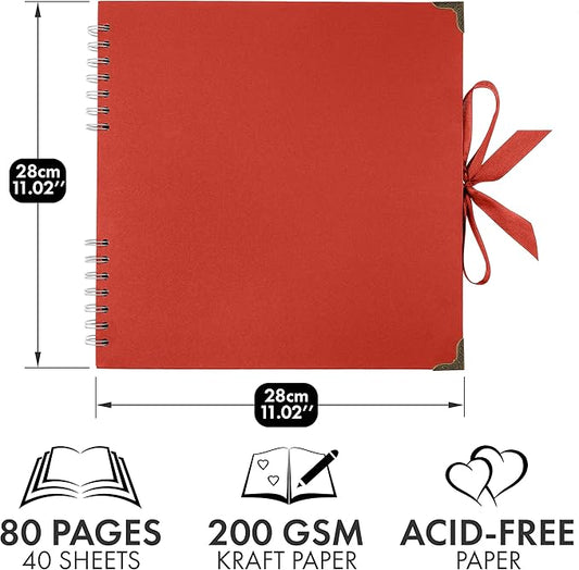 Bstorify Square Scrapbook Photo Albums 80 Pages (11 x 11 Inch) Red Thick Paper, Hardcover, Ribbon Closure - Ideal for Your Scrapbooking Albums, Art & Craft Projects (Red, 11 x 11 Inch)