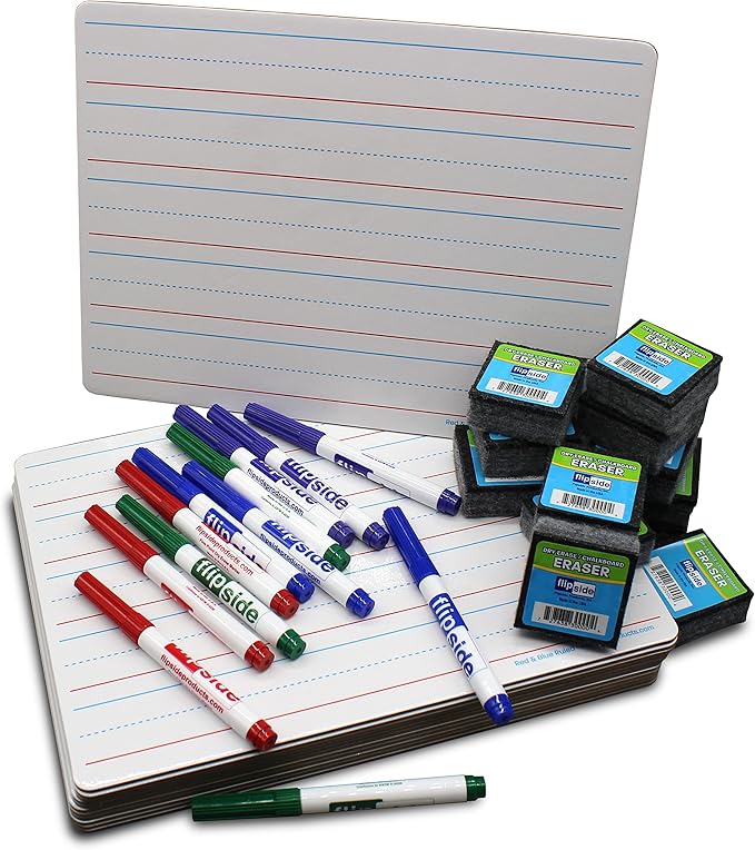 Flipside Products 9" x 12" Two Sided Dry Erase Red & Blue Lined, Color Markers and Erasers, Ruled, Learn to Write, Writing Practice, Pack of 12