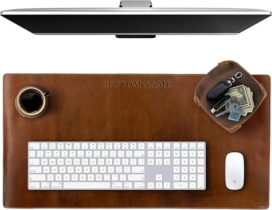 ELIZO Personalized Custom Desk Pad Set Real Leather Desk Mat Mouse Pad Unique Gifts for Him Her Leather Gifts for Men Women Engraved Embossed Monogrammed Corporate Gifts