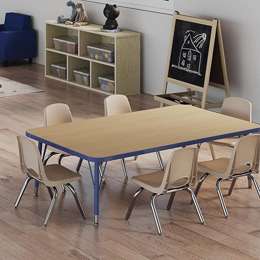 FDP Rectangle Activity School and Office Table (30 x 60 inch), Standard Legs with Swivel Glides, Adjustable Height 19-30 inches - Maple Top and Blue Edge